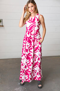 Magenta & White Floral Fit and Flare Sleeveless Maxi Dress