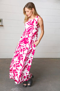 Magenta & White Floral Fit and Flare Sleeveless Maxi Dress