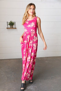 Yellow & Fuchsia Floral Fit and Flare Sleeveless Maxi Dress