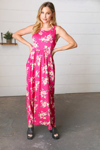 Yellow & Fuchsia Floral Fit and Flare Sleeveless Maxi Dress