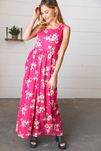 Yellow & Fuchsia Floral Fit and Flare Sleeveless Maxi Dress