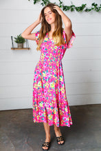 Load image into Gallery viewer, Fuchsia &amp; Yellow Floral Elastic Waist Ruffle Midi Dress