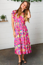 Load image into Gallery viewer, Fuchsia &amp; Yellow Floral Elastic Waist Ruffle Midi Dress