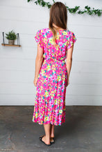 Load image into Gallery viewer, Fuchsia &amp; Yellow Floral Elastic Waist Ruffle Midi Dress
