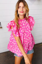 Load image into Gallery viewer, Hot Pink Floral Mock Neck Double Flutter Sleeve Top