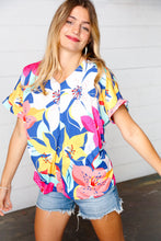 Load image into Gallery viewer, Navy &amp; Yellow Tropical Floral V Neck Top