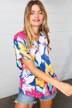Load image into Gallery viewer, Navy &amp; Yellow Tropical Floral V Neck Top
