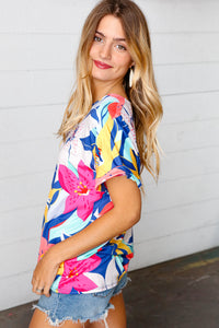 Navy & Yellow Tropical Floral V Neck Top