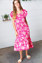 Load image into Gallery viewer, Fuchsia Floral Elastic Waist Fit and Flare Ruffle Midi Dress