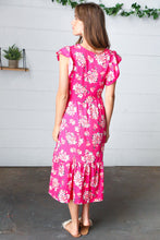 Load image into Gallery viewer, Fuchsia Floral Elastic Waist Fit and Flare Ruffle Midi Dress