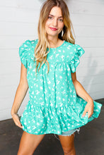 Load image into Gallery viewer, Teal Floral Yoke Flutter Sleeve Keyhole Back Top