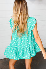 Load image into Gallery viewer, Teal Floral Yoke Flutter Sleeve Keyhole Back Top