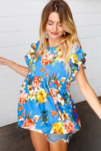 Load image into Gallery viewer, Blue Floral Print Ruffle Short Sleeve Babydoll Top