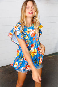 Blue Floral Print Ruffle Short Sleeve Babydoll Top