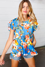 Load image into Gallery viewer, Blue Floral Print Ruffle Short Sleeve Babydoll Top