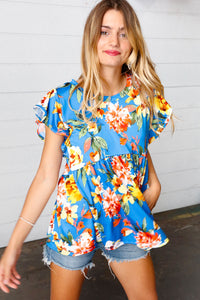 Blue Floral Print Ruffle Short Sleeve Babydoll Top