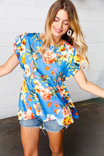 Load image into Gallery viewer, Blue Floral Print Ruffle Short Sleeve Babydoll Top