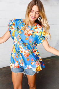 Blue Floral Print Ruffle Short Sleeve Babydoll Top
