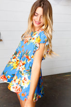 Load image into Gallery viewer, Blue Floral Print Ruffle Short Sleeve Babydoll Top