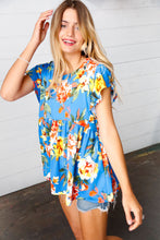 Load image into Gallery viewer, Blue Floral Print Ruffle Short Sleeve Babydoll Top
