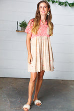 Load image into Gallery viewer, Coral &amp; Taupe Floral Babydoll Color Block Dress