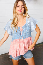 Load image into Gallery viewer, Blue &amp; Pink Polka Dot Floral Tie Front Babydoll Top