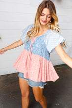 Load image into Gallery viewer, Blue &amp; Pink Polka Dot Floral Tie Front Babydoll Top