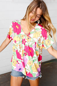 Multicolor Floral V Neck Dolman Top