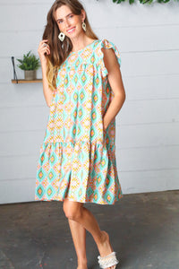 Mint Geo Boho Print Yoke Poplin Woven Dress