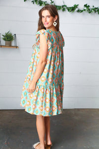 Mint Geo Boho Print Yoke Poplin Woven Dress