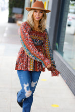 Load image into Gallery viewer, Teal &amp; Rust Smocked Floral Ruffle Hem Top