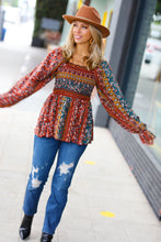 Load image into Gallery viewer, Teal &amp; Rust Smocked Floral Ruffle Hem Top