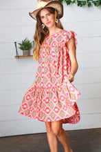 Load image into Gallery viewer, Coral Geo Boho Print Yoke Poplin Woven Dress