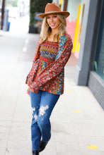 Load image into Gallery viewer, Teal &amp; Rust Smocked Floral Ruffle Hem Top