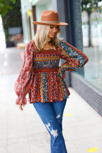 Load image into Gallery viewer, Teal &amp; Rust Smocked Floral Ruffle Hem Top