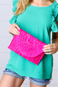 Hot Pink Woven Raffia Flap Closure Clutch Bag