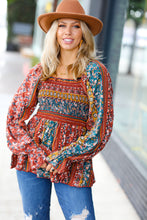 Load image into Gallery viewer, Teal &amp; Rust Smocked Floral Ruffle Hem Top
