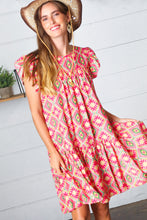 Load image into Gallery viewer, Coral Geo Boho Print Yoke Poplin Woven Dress