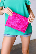 Load image into Gallery viewer, Hot Pink Woven Raffia Flap Closure Clutch Bag
