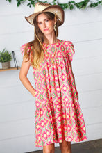 Load image into Gallery viewer, Coral Geo Boho Print Yoke Poplin Woven Dress