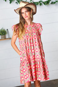 Coral Geo Boho Print Yoke Poplin Woven Dress