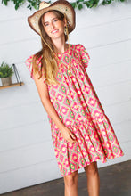 Load image into Gallery viewer, Coral Geo Boho Print Yoke Poplin Woven Dress
