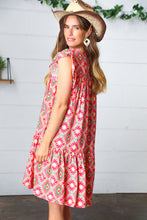 Load image into Gallery viewer, Coral Geo Boho Print Yoke Poplin Woven Dress