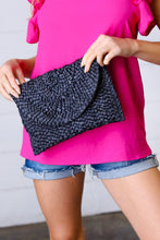 Load image into Gallery viewer, Black Woven Raffia Flap Closure Clutch Bag