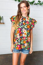 Load image into Gallery viewer, Vibrant Multicolor Floral Mock Neck Flutter Sleeve Top