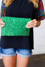 Load image into Gallery viewer, Emerald Woven Raffia Flap Closure Clutch Bag