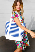 Load image into Gallery viewer, Navy Blue Stripe Structured Large Canvas Tote