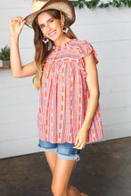 Load image into Gallery viewer, Red &amp; Blue Boho Stripe Flutter Sleeve Top