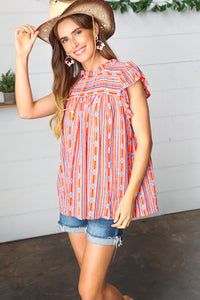 Red & Blue Boho Stripe Flutter Sleeve Top