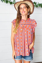 Load image into Gallery viewer, Red &amp; Blue Boho Stripe Flutter Sleeve Top